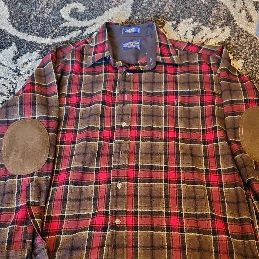 Pendleton Brown and Red Plaid Button-Down Shirt with Suede Elbow Patches